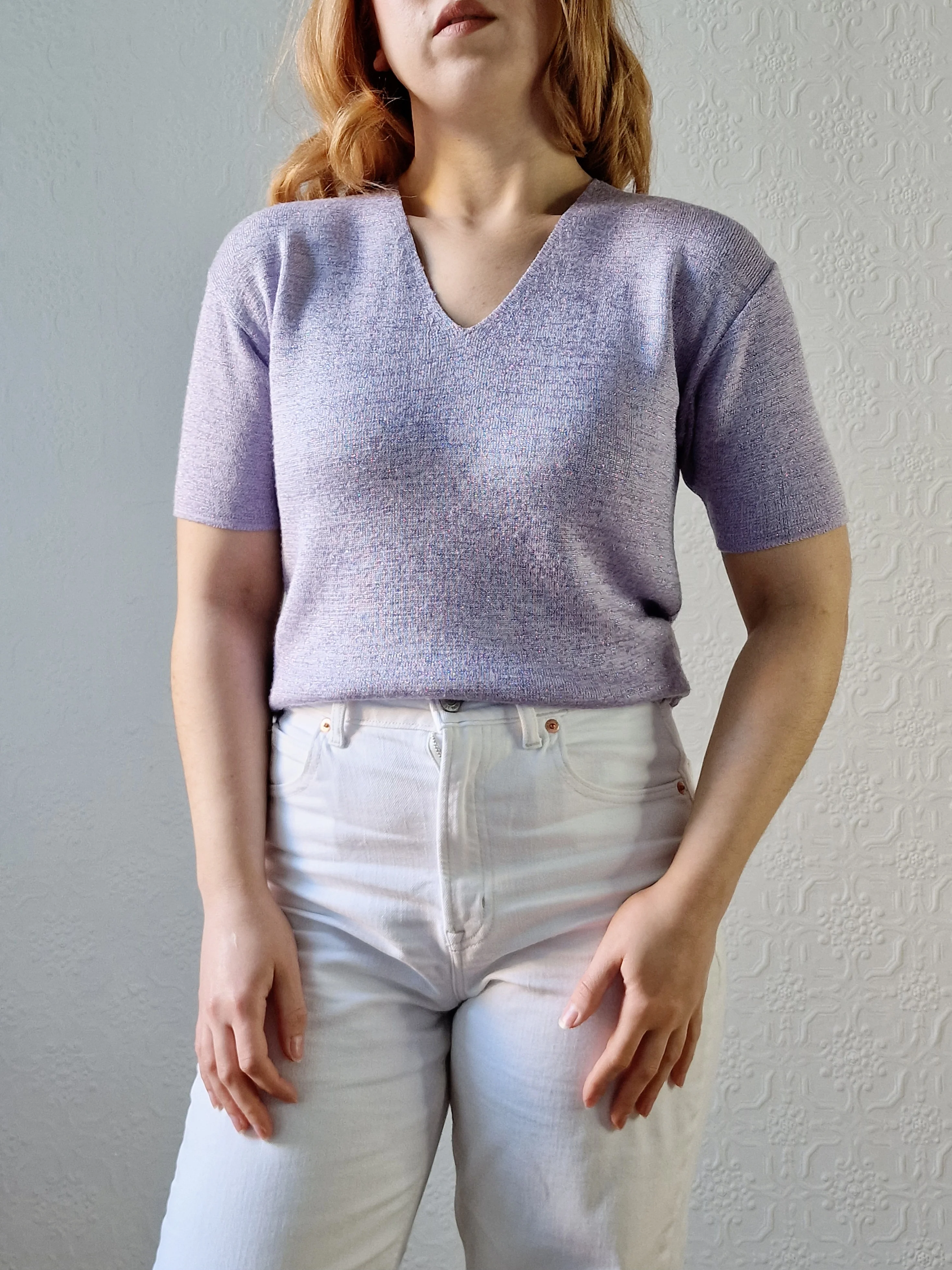 Vintage 90s Lilac Purple V-Neck Knitted Lurex Top with Short Sleeves - S/M - Image 16