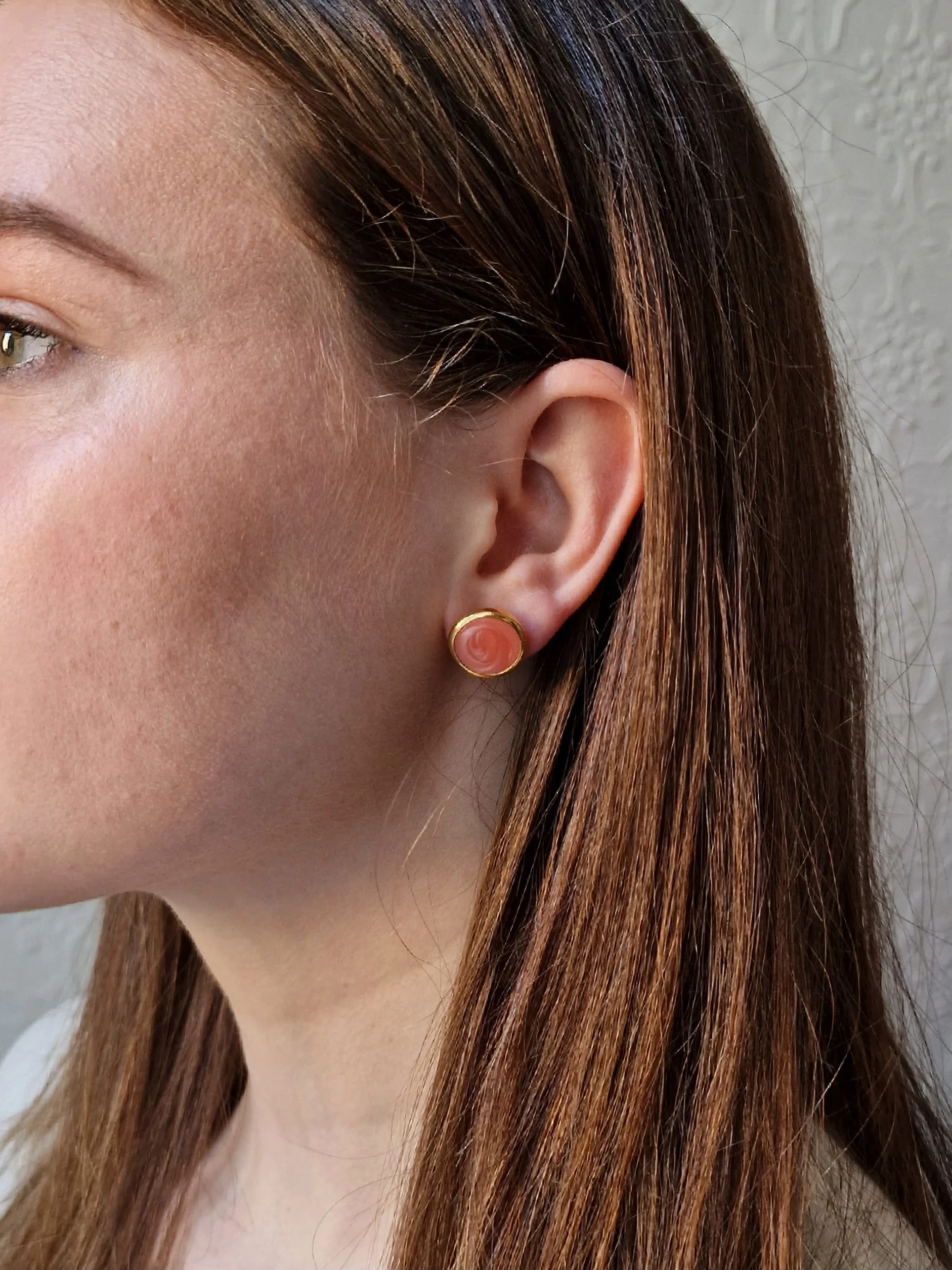 Vintage Gold Plated Pink Enamel Round Stud Earrings - Image 2
