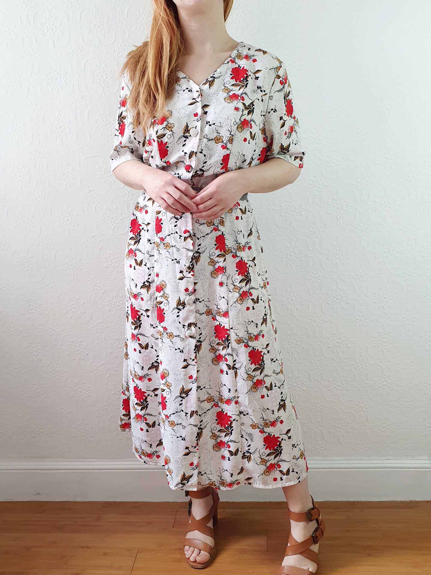 Vintage White and Red Floral Short Sleeve Dress - XL